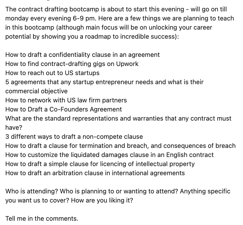 law_ninja's tweet photo. Much awaited contract drafting bootcamp is here! Who is attending?
Share your feedback in comments. https://t.co/rNxkrBXyca