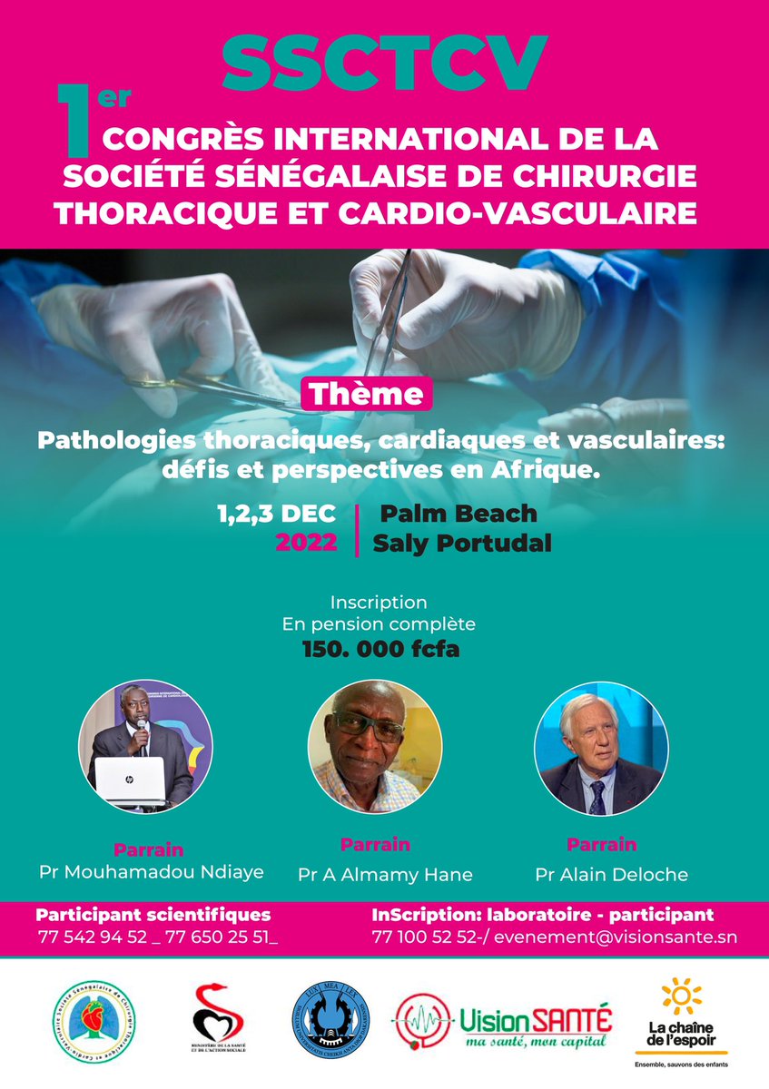 UCAD_Senegal's tweet photo. ✨#RENCONTRE_SCIENTIFIQUE✨🔬🧠💡
La Société Sénégalaise de Chirurgie Thoracique et Cardiovasculaire #SSCTCV organise son 1er congrès international
🗓 01-03 décembre 2022
Thème: «les pathologies thoraciques, cardiaques et vasculaires: défis et perspectives en 🌍»
#ucad #FMPO https://t.co/rTvTQMIqwM