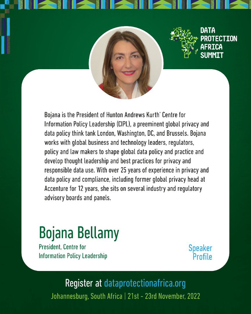 hub_adr's tweet photo. Bojana Bellamy will join other speakers at this year's summit in South Africa ๐ฟ๐ฆ Johannesburg from 21st - 23rd November, 2022.
Stay on our pages to hear from her.
Register here: https://t.co/0nXcFibmtQ
#DPAS #DataProtection #DPAS22 https://t.co/DdNwYmFFOO