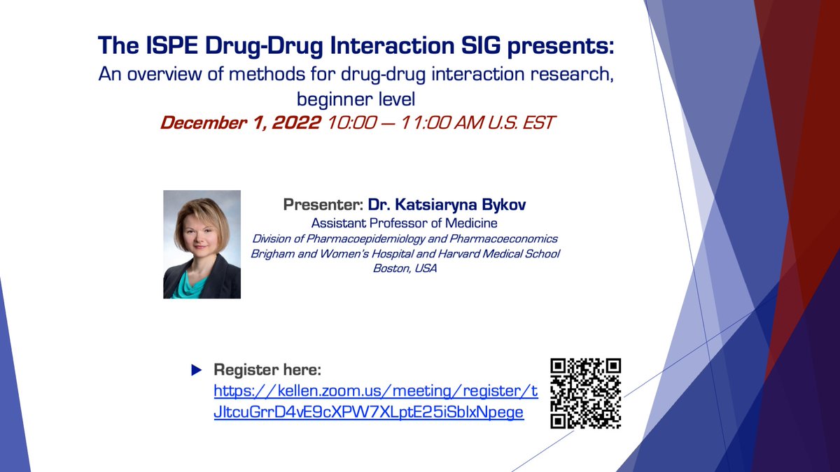 📢Dear DDI-SIG followers,

We’re excited to announce our next event on Thursday 1st December 10-11am (EST):

“An overview of methods for drug-drug interaction research, beginner level”

Presented by our past chair Dr. Katsiaryna Bykov.

Register here: tinyurl.com/36ucut2p