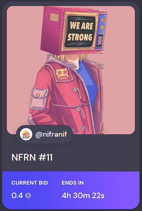 nifranif_'s tweet image. Auction update!

NFRN #11 is still available on @formfunction 

4 hours left
Current bid: 0.4 $SOL 

Join the auction here 🔻

#NFTs #NFTCommunity #NFTCollector #Solana #SolanaNFT #SolanaNFTs #SOL #formfunction #pfp