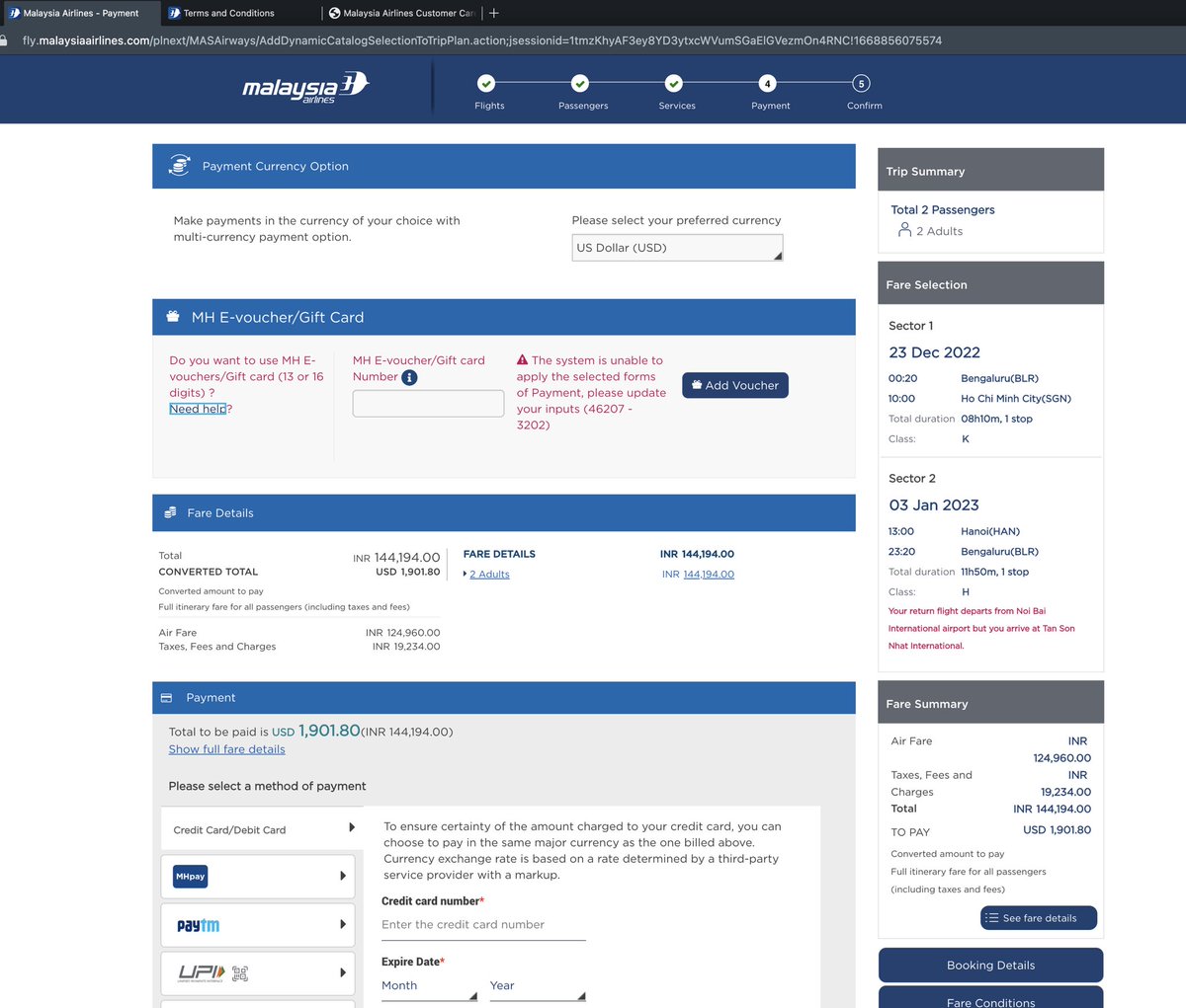 smitrp's tweet photo. @MAS After being forced to use vouchers, I still am not able to book tickets. USD vouchers don't work even after opting to pay in USD currency. Call support is also unable to book using these vouchers. 😔 https://t.co/d0WOauepPP