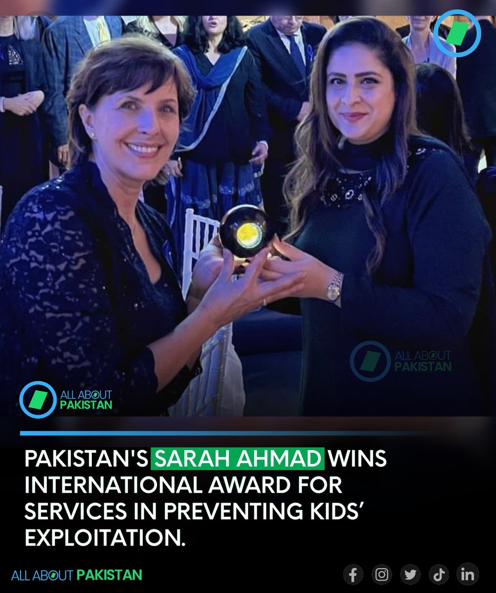 Aboutpakistan90's tweet photo. Pakistan's Sarah Ahmad wins international award for services in preventing kids’ exploitation.
@SarahAhmad_PTI @ImranGhazaliPK
#AAPakistan #SarahAhmad #ChildProtectionBureau #Nov18WorldDay https://t.co/KSOPygCZkJ
