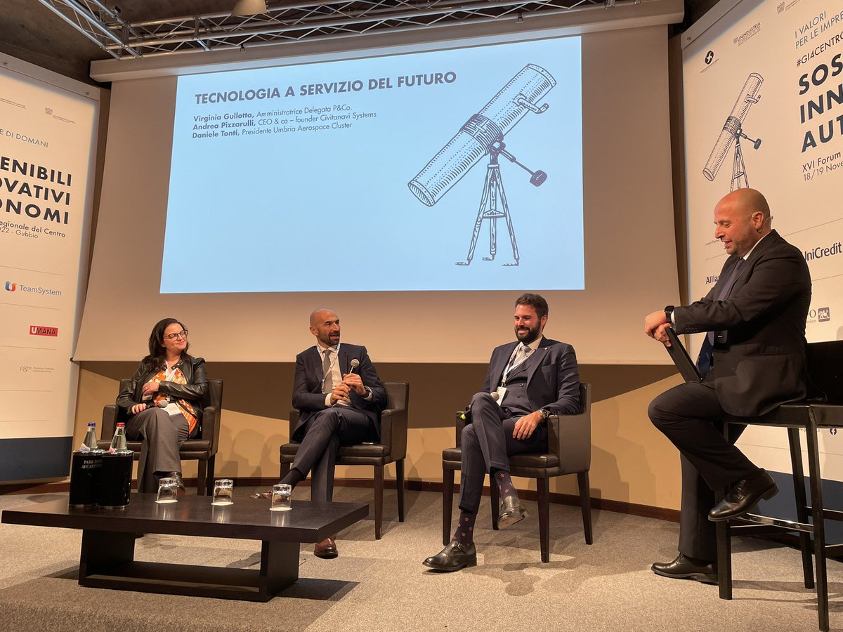 GIConfindustria's tweet photo. Sul palco di #GI4CENTRO parliamo di nuove tecnologie a servizio della crescita, dai settori tradizionali a quelli d’avanguardia.
Ce ne parlano @virgigullo, AD @PezzilliCompany, Andrea Pizzarulli, CEO &amp; co – founder Civitanavi Systems e Daniele Tonti, Pres Umbria Aerospace Cluster https://t.co/sYKpgjaugs