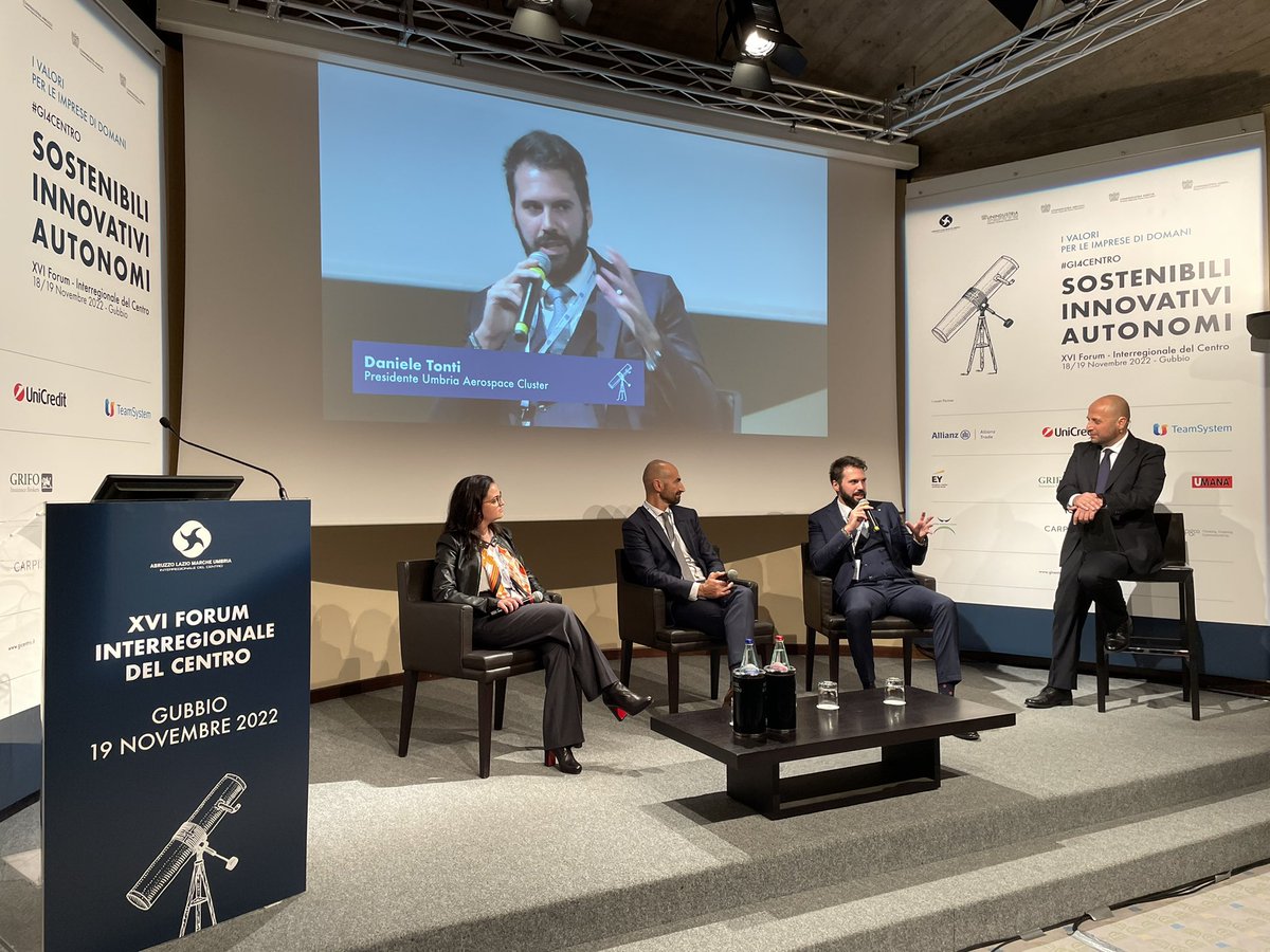 GIConfindustria's tweet photo. Sul palco di #GI4CENTRO parliamo di nuove tecnologie a servizio della crescita, dai settori tradizionali a quelli d’avanguardia.
Ce ne parlano @virgigullo, AD @PezzilliCompany, Andrea Pizzarulli, CEO &amp; co – founder Civitanavi Systems e Daniele Tonti, Pres Umbria Aerospace Cluster https://t.co/sYKpgjaugs
