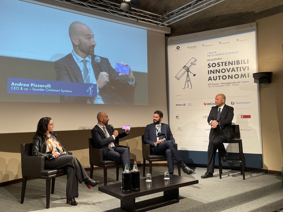 GIConfindustria's tweet photo. Sul palco di #GI4CENTRO parliamo di nuove tecnologie a servizio della crescita, dai settori tradizionali a quelli d’avanguardia.
Ce ne parlano @virgigullo, AD @PezzilliCompany, Andrea Pizzarulli, CEO &amp; co – founder Civitanavi Systems e Daniele Tonti, Pres Umbria Aerospace Cluster https://t.co/sYKpgjaugs