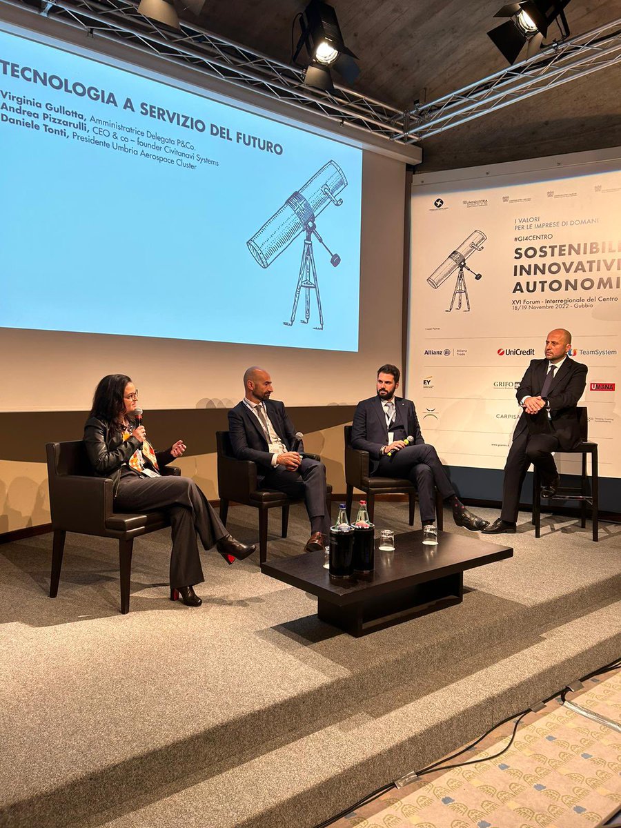 GIConfindustria's tweet photo. Sul palco di #GI4CENTRO parliamo di nuove tecnologie a servizio della crescita, dai settori tradizionali a quelli d’avanguardia.
Ce ne parlano @virgigullo, AD @PezzilliCompany, Andrea Pizzarulli, CEO &amp; co – founder Civitanavi Systems e Daniele Tonti, Pres Umbria Aerospace Cluster https://t.co/sYKpgjaugs