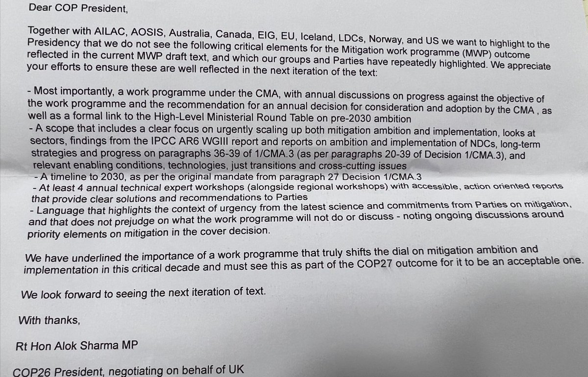 edking_I's tweet photo. Letter backed by 100+ countries &amp; signed by @AlokSharma_RDG sent to #COP27 president Shoukry late Friday... warns 'critical elements' missing from mitigation plans... expect a fight with big oil / gas states here https://t.co/BYB5zt0Uet