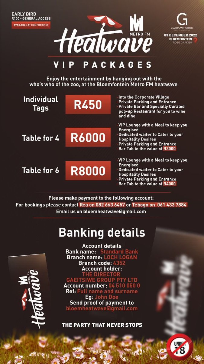 GaeitsiweFSMarq's tweet photo. The @METROFMSA HEATWAVE is coming to Bloemfontein on the 03 Dec 2022. Let’s meet at the Rose Garden!

🎫 : R200 General
        R450 VIP
Available NOW on Computicket. 
 🔗 https://t.co/IgUGRidN1t

#HelaYalo #METROFMHEATWAVE #HEATWAVEBFN #ThePartyThatNeverStops https://t.co/wpr2s2DOkW