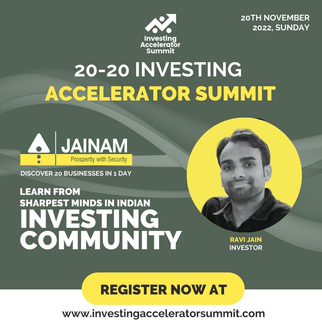 We're elated to have @ravijain88, known for having an excellent grip on the pulse of the market, as a speaker at #IASummit2020

Join us as we host him and 19 Smart Fund Managers and Investors TOMORROW. 😊

Register NOW  rzp.io/l/IA2020S

🚀🚀🚀