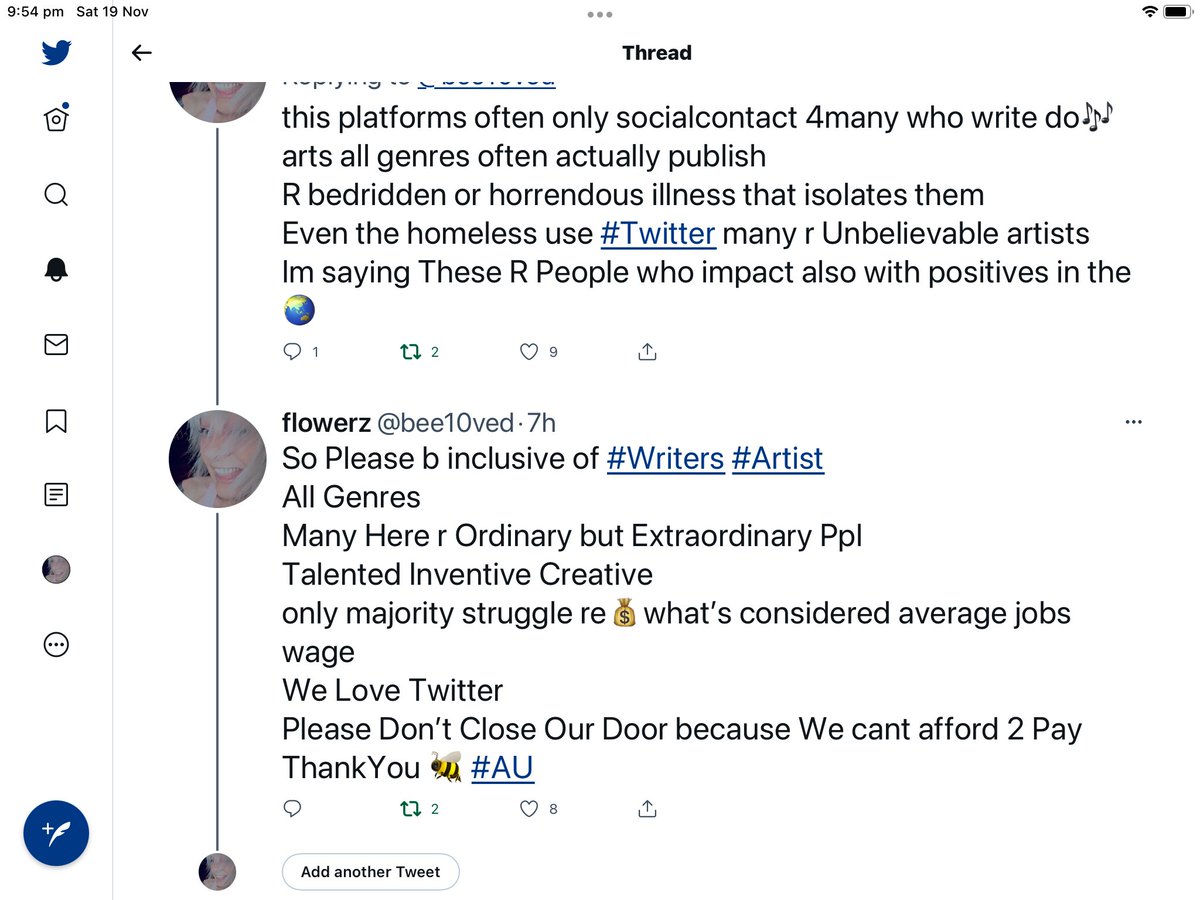 Ok
When I get back
I have to go work 🐝usiness
There will B 
1million RTs right?
Like I’m not asking Too Much Am I
of these lil luv Twitter #Elon
Don’t Shut the Door
Please Don’t Ignore Importance of Writers Artist of All Genres
Us Ordinary Extraordinary Ppl who Roof Twitter Too