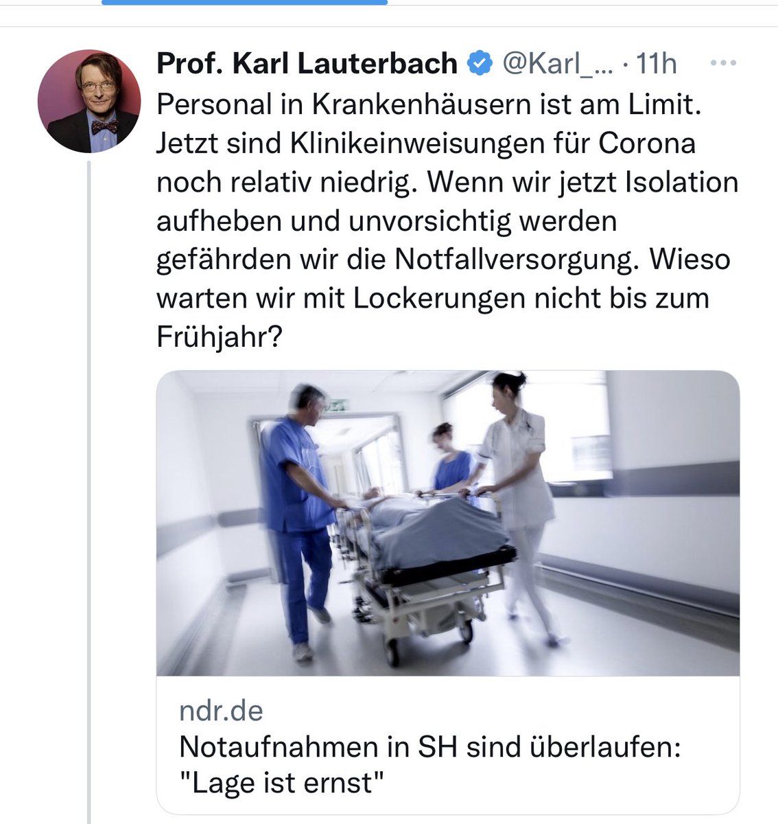 Der Gipfel der Absurdität in einem Tweet.Nun jammern Sie? Sie sind Gesundheitsminister <a href="/Karl_Lauterbach/">Prof. Karl Lauterbach</a>! Personal der Krankenhäuser leidet seit Jahren. Mit unnützen Maßnahmen vergeudeten Sie horrende Summen. Geld, das die Arbeitsbedingungen in den Krankenhäusern verbessert hätte.