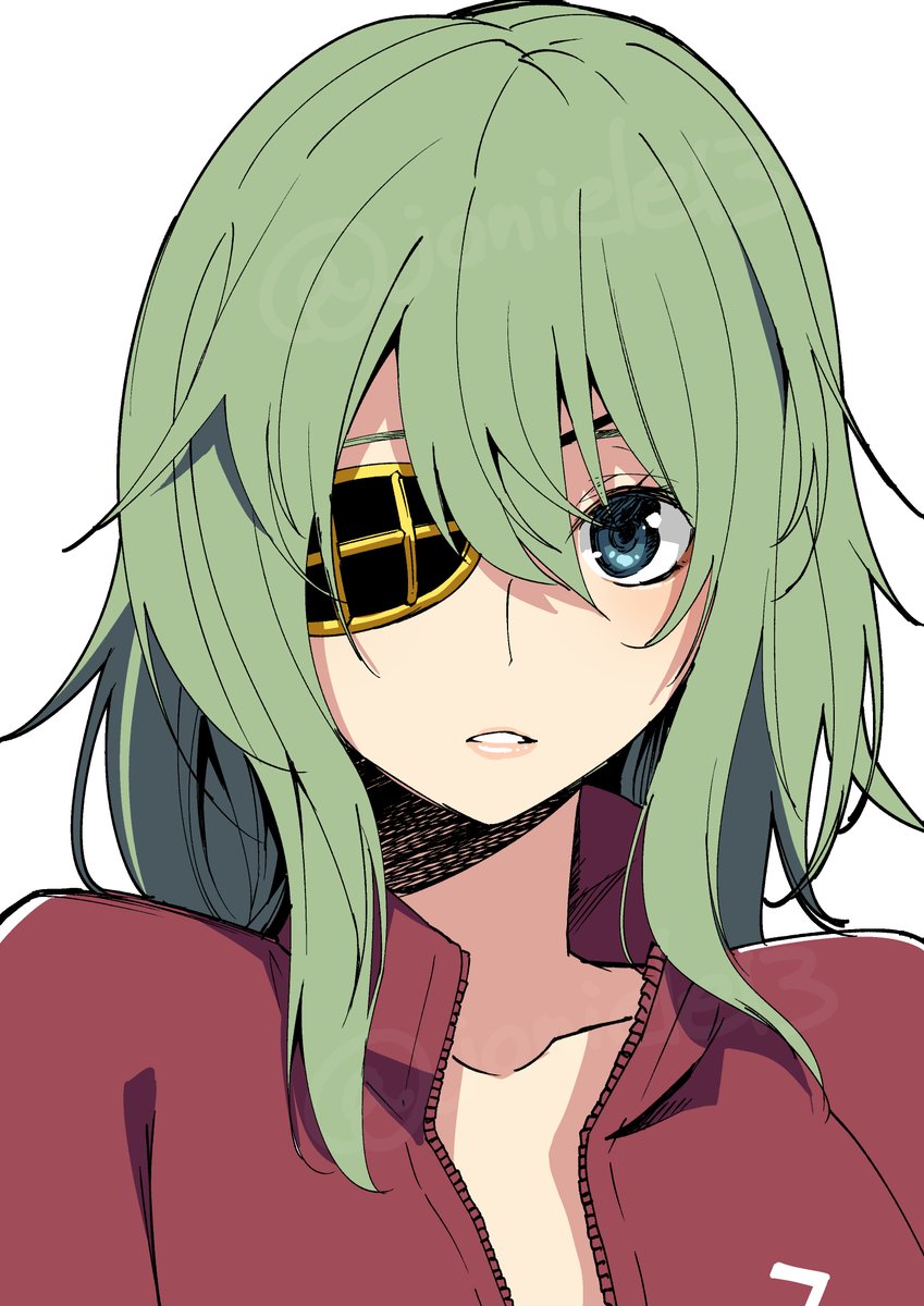 kiso (kancolle) 1girl solo eyepatch green hair white background simple background jacket  illustration images