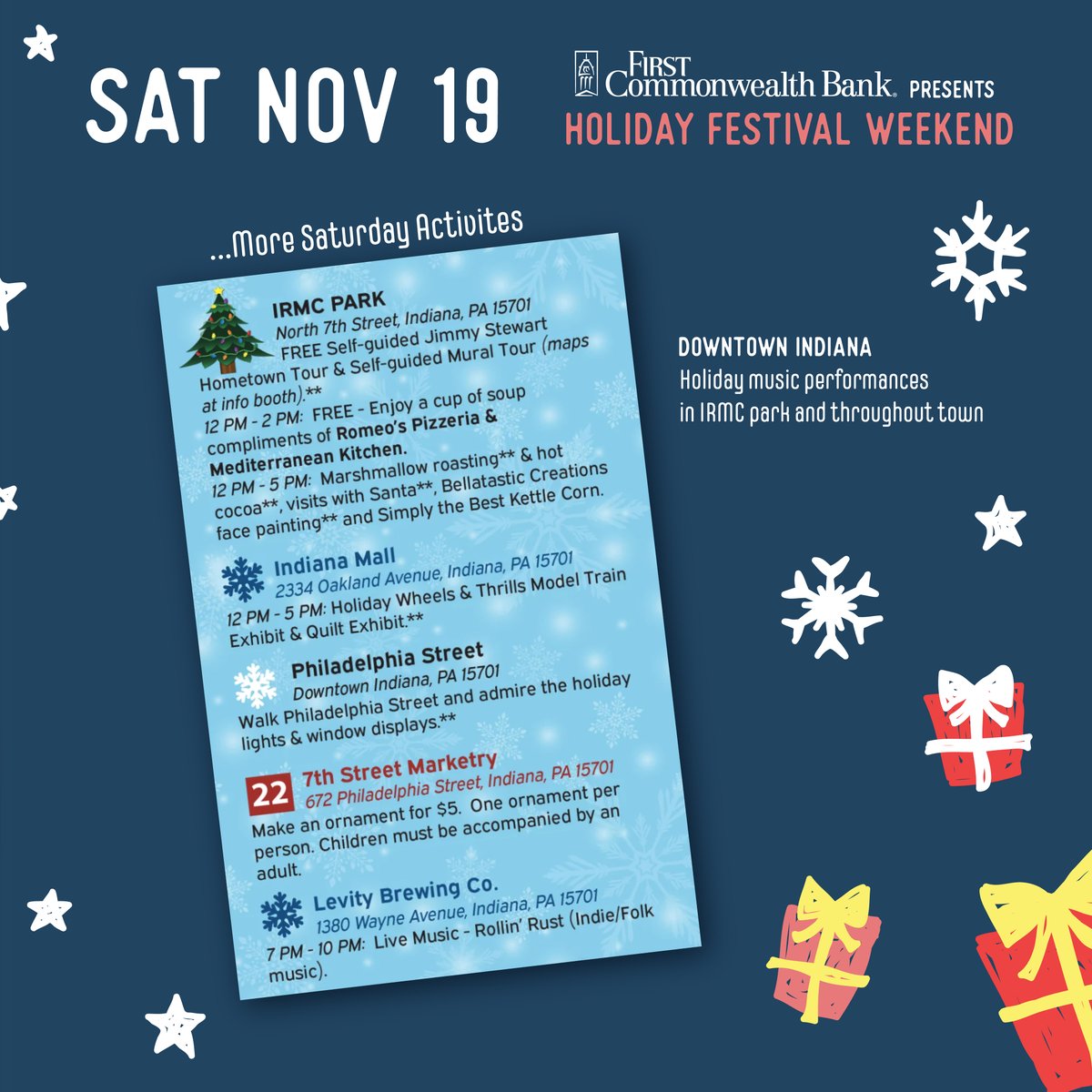 🎄 SATURDAY🎄 It's A Wonderful Life Festival Weekend
🎅 Santa will be in IRMC Park from 12 - 5 pm 
😊 Enjoy free parking in #DowntownIndiana every Saturday through Dec 18, compliments of First Commonwealth Bank.
Visit ow.ly/TeXN50LH3Ll for details