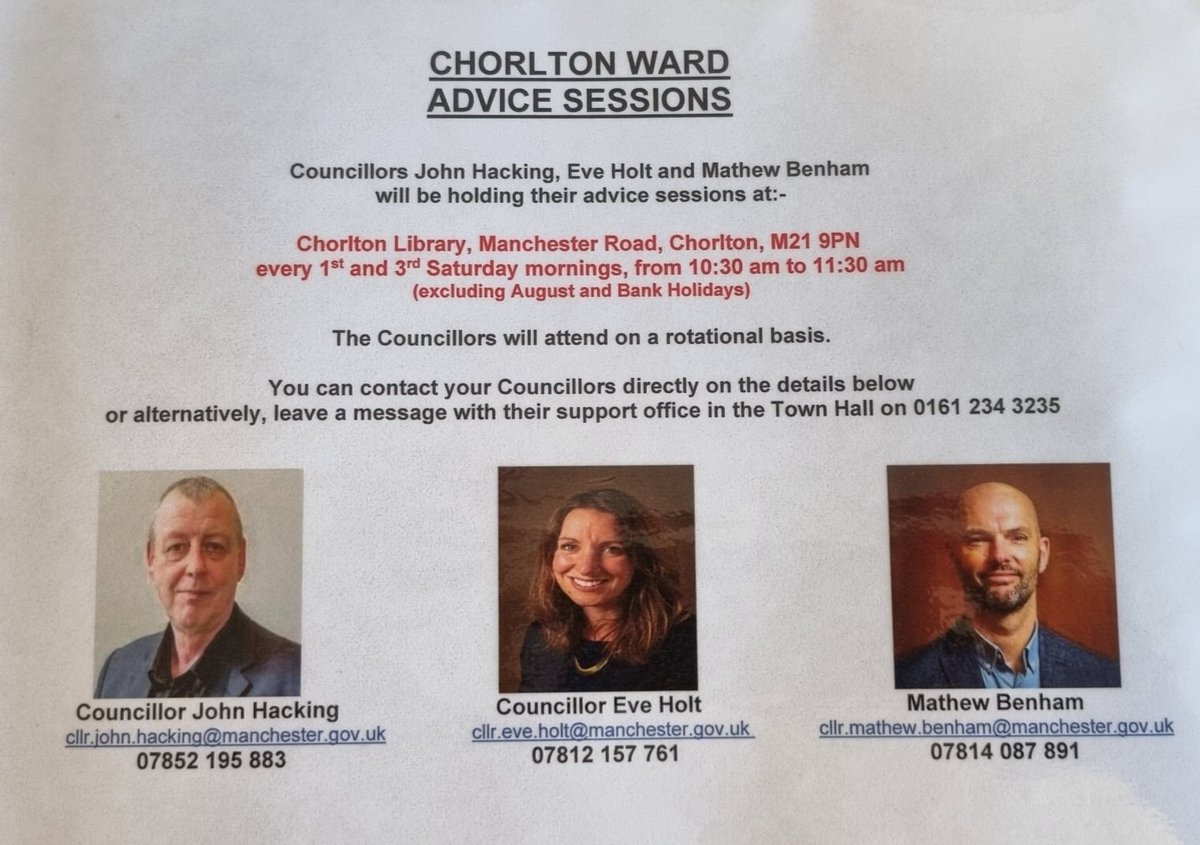 Councillor John Hacking <a href="/hacking4chorltz/">hacking4chorlton</a> has just done his advice surgery at #Chorlton Library. Your <a href="/ChorltonLabour/">ChorltonLabourVoice</a> councillors are here the 1st and 3rd Saturday of the month 10.30am to 11.30am. No appointment necessary. 🌹