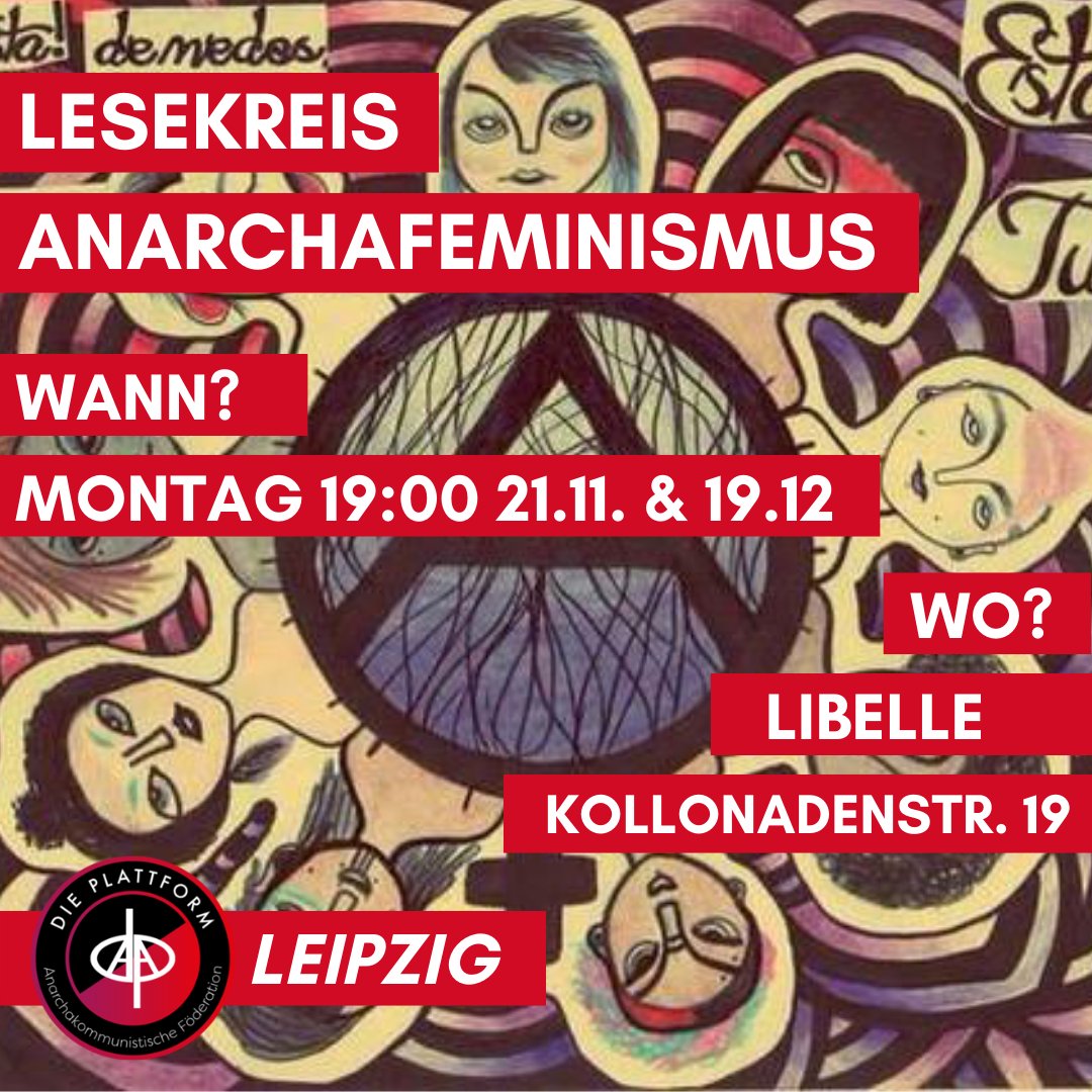 Liebe Leute, wir wollen euch herzlich zu unserem #Anarchafeminismus Lesekreis diesen Montag 19:00 in der Libelle einladen!
 
Thema dieses Mal werden feministische Perspektiven auf die DDR und wie man als Anarchist*innen mit der DDR umgeht sein... 👇 (1/x) 

#Feminismus #Leipzig
