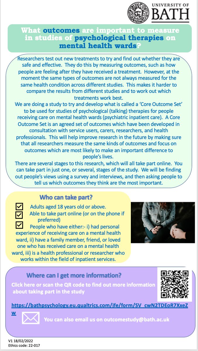 OutcomeStudy's tweet image. We are passionate about involving people with lived experience in our research about psychological therapies on #mentalhealth inpatient wards. 

👀Are you a non-professional carer?👋

Please consider taking part in our survey to share your views:
➡️bathpsychology.eu.qualtrics.com/jfe/form/SV_cw…