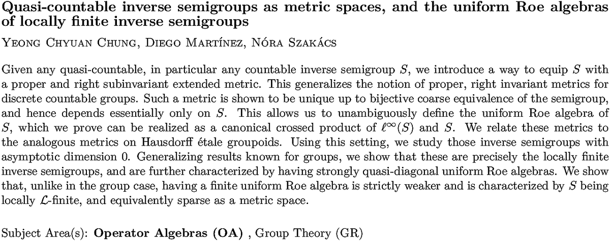 arxiv.org/abs/2211.09624…
Y C Chung et. al.
Quasi-countable inverse semigroups as metric spaces, and the uniform Roe
  algebras of locally finite inverse semigroups
