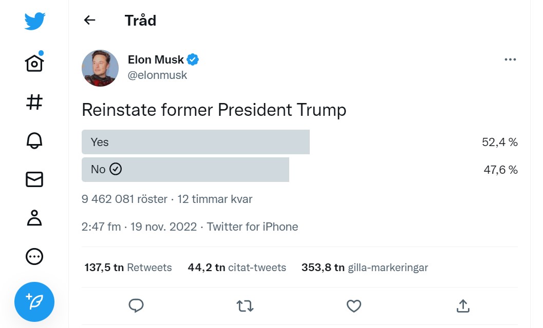 Another 12 hours to vote if #DonaldTrump should get back his <a href="/Twitter/">Twitter</a> account or not. Looks like he will..... 😒Then let´s see if <a href="/elonmusk/">Elon Musk</a> will follow the results of the vote. So far almost 9.5 million votes......