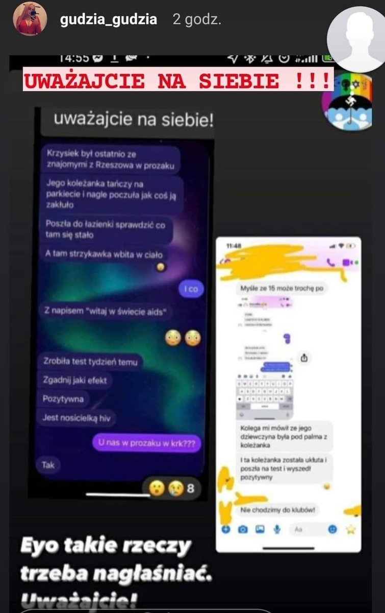 UWAGA RZESZÓW ‼️
Po klubach podobno grasuje gość który kłuje dziewczyny strzykawkami z podpisem "witaj w świecie AIDS", osoby które później się przebadały mają wynik pozytywny. Nie wiem na ile to prawda, ale uważajcie na siebie szczególnie w zatłoczonych miejscach.