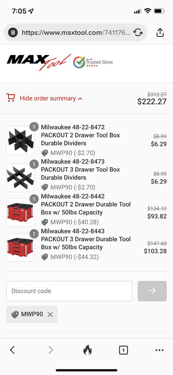 zone_tool's tweet photo. MaxTool is running a promo on Packout. It appears to be 10% off PLUS the MWP90. Get to $299 for $90 off. Doesn’t work on all items. 3-drawers for $103 or 30% off. https://t.co/zkZP1tnfvD