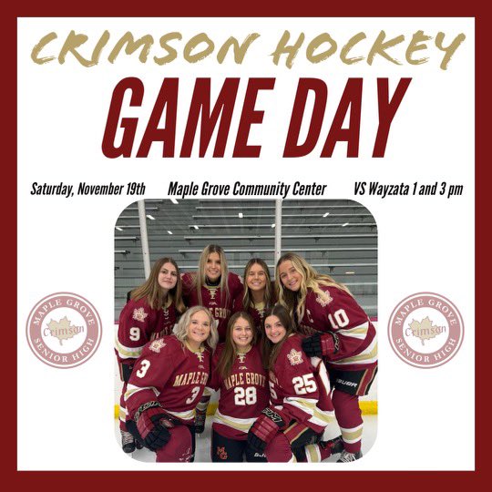 MGgirlshockey's tweet photo. 🚨Home Opener at MGCC🚨

Come out &amp; support the @MG_Girls_Hockey Program as the take on Wayzata at 1:00/3:00 Today!!!

Varsity Game will be Live Streamed on Facebook:
MG Crimson Girls Hockey or 
MN Hockey @MGActivities 
#CrimsonPride #ProgramPride https://t.co/DOnjqEeWoH