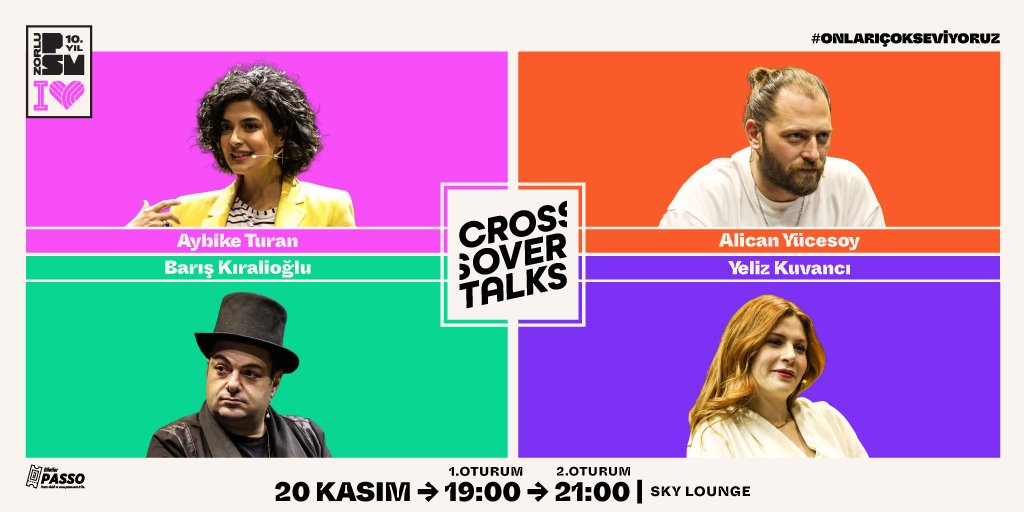CrossoverTalks's tweet photo. Alican Yücesoy, Yeliz Kuvancı, Barış Kıralioğlu ve Aybike Turan ile #CrossoverTalks, her konuya kendi perspektiflerinden baktıkları eğlenceli sohbetleriyle 20 Kasım akşamı iki seansla @ZorluPSM Sky Lounge’ta!
🎫 https://t.co/0dOE6F4rYJ https://t.co/AYl6cw7AIU