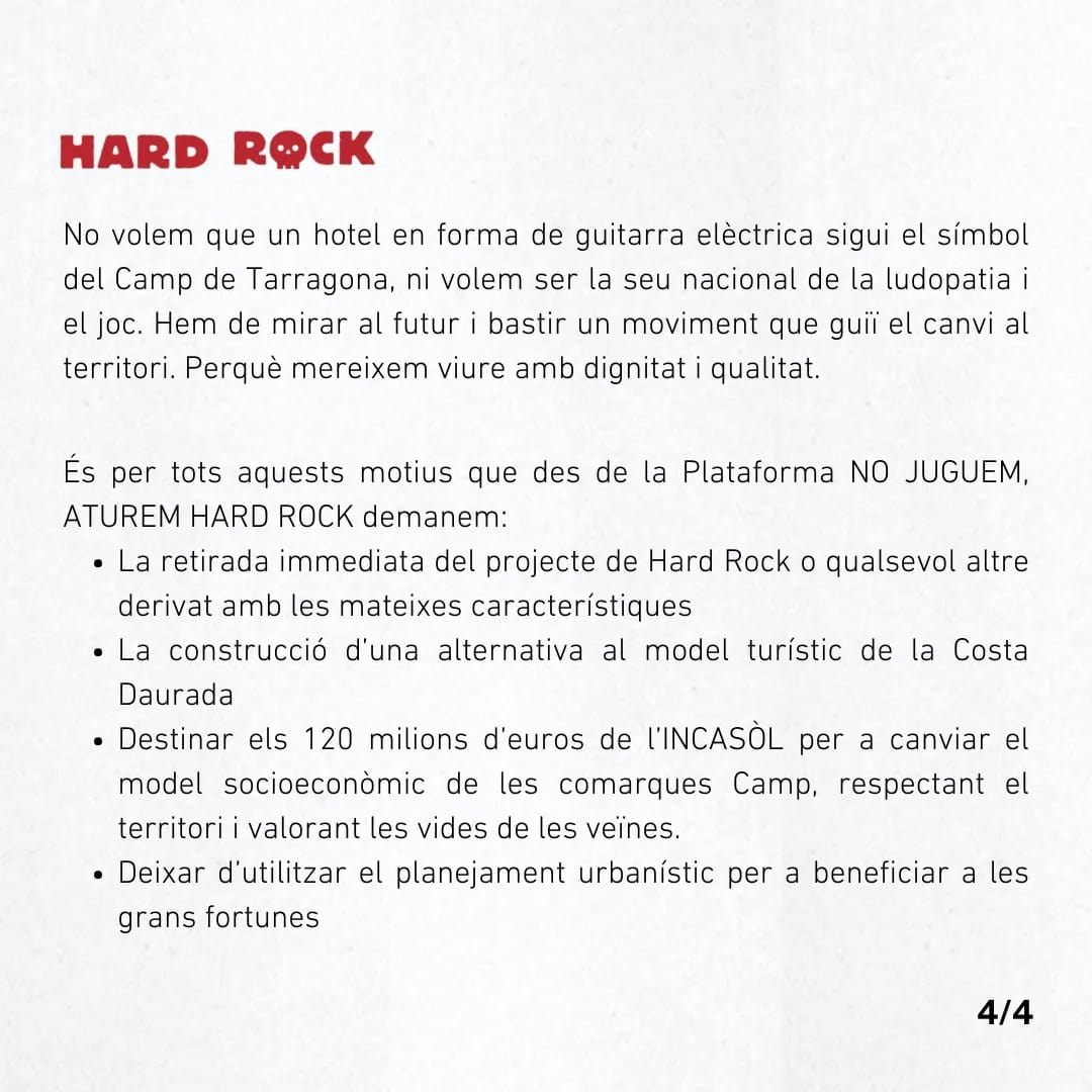AturemHardRock's tweet photo. ✒️ El podeu llegir i signar al nostre web: https://t.co/JLrwKmk3g5

✊🏽 Per ells un joc, per naltros la vida! 
#AturemHardRock https://t.co/SUNoX9BQRw