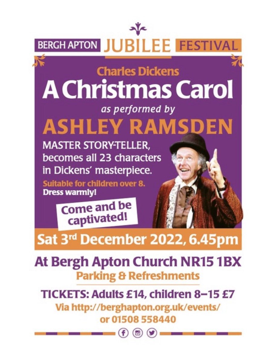 BerghApton's tweet photo. A Christmas Carol by Ashley Ramsden, storyteller, Saturday 3rd December, 6.45pm, Bergh Apton Church

Playing all 23 characters from Scrooge to Tiny Tim, storyteller Ramsden will perform Charles Dickens’ masterpiece.

Book online via link in bio or at https://t.co/LNfi2sRbfw https://t.co/qIX3QzAVKr