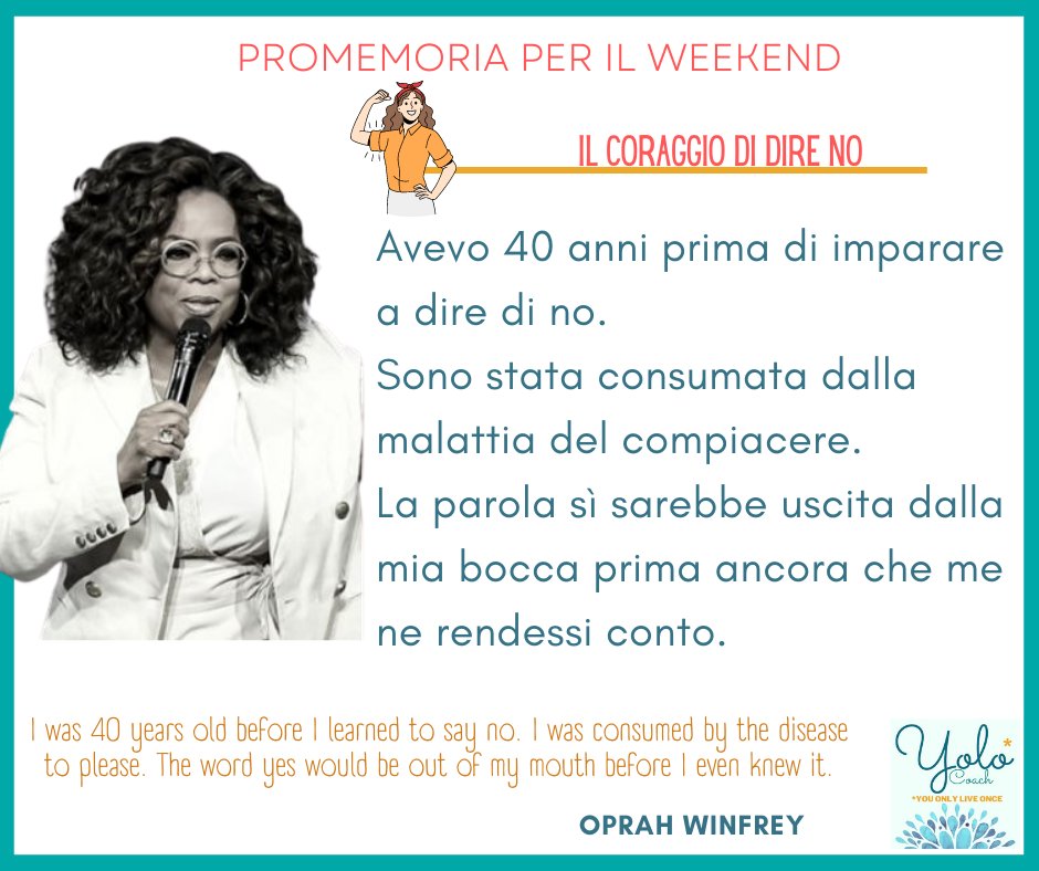 bartoccig's tweet image. Quante volte diciamo si ma vorremmo dire no?
Oprah la definisce "la malattia del compiacere" da cui guarire con un no. #ilpoteredelno #direno
Cosa ne pensate?
