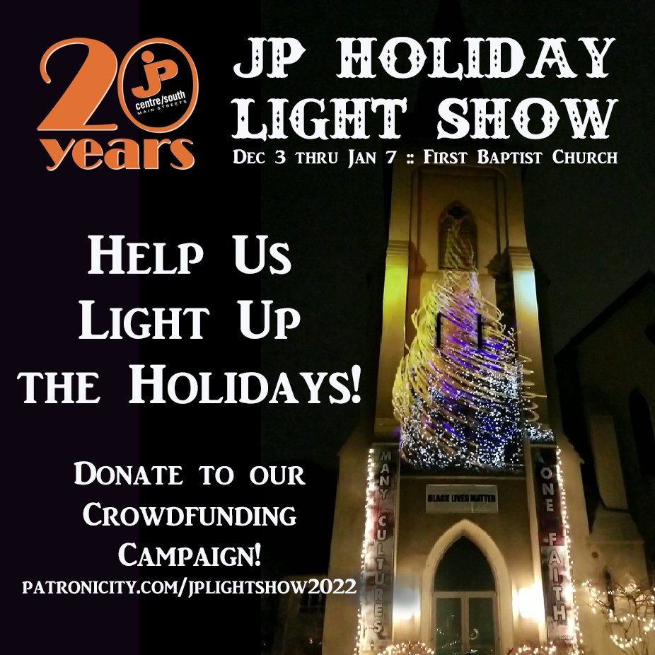 JP_CentreSouth's tweet photo. Light up the Holidays in #jamaicaplain with a donation to our crowdfunding campaign at https://t.co/i9TBrAtjhp Then see the #lightshow between Dec 3 and Jan 7 as we ring in the new year! #boston #holidayshow #holidaylights #projectionshow Designed by @afhboston https://t.co/wiwTOFkOYB