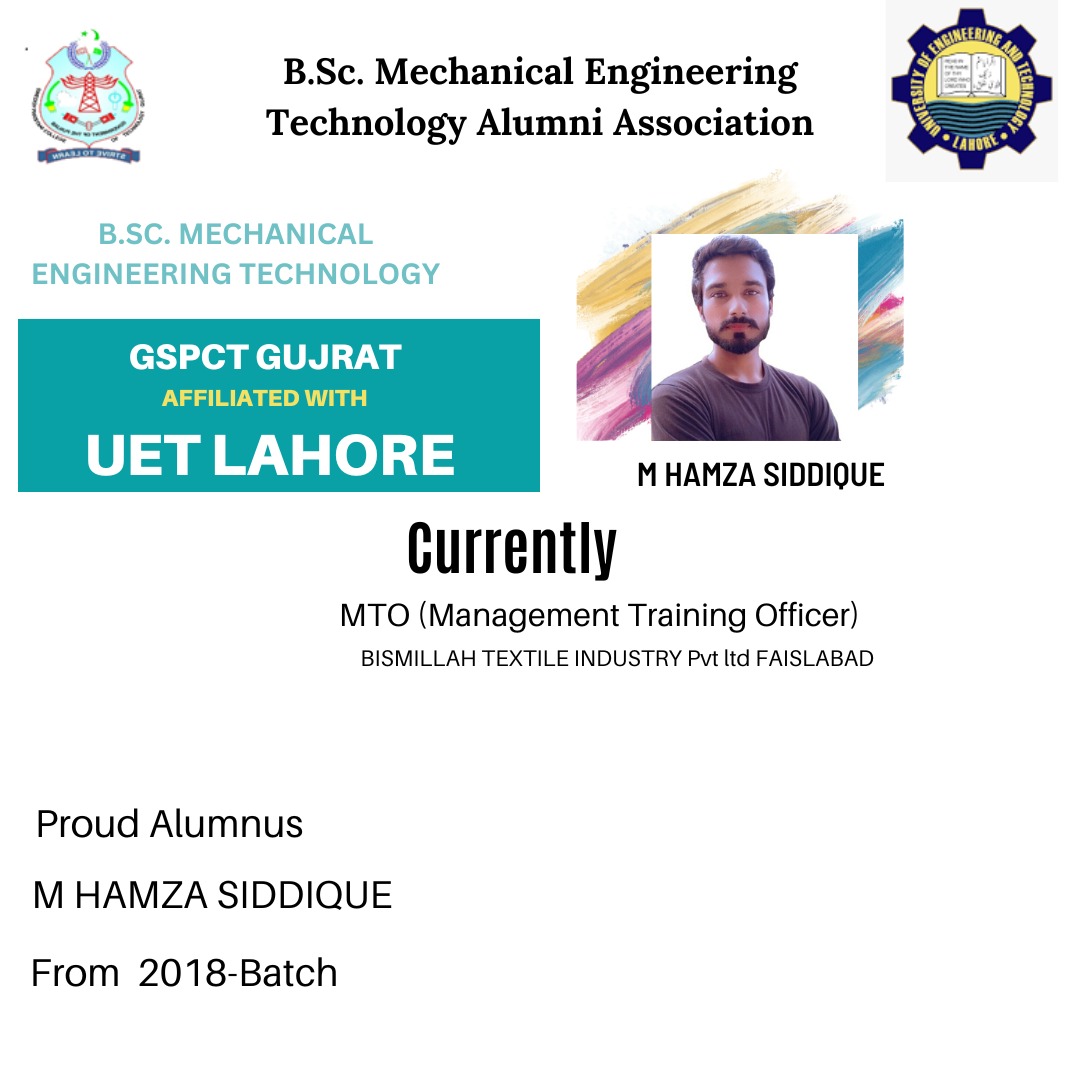 GspctG's tweet photo. @punjab_tevta 
Success Story of bsc UET Mechanical Engineering TECH. GSPCT Gujrat 
Proud Alumnus
M HAMZA SIDDIQUE
From  2018-Batch https://t.co/tw80esXeNB
