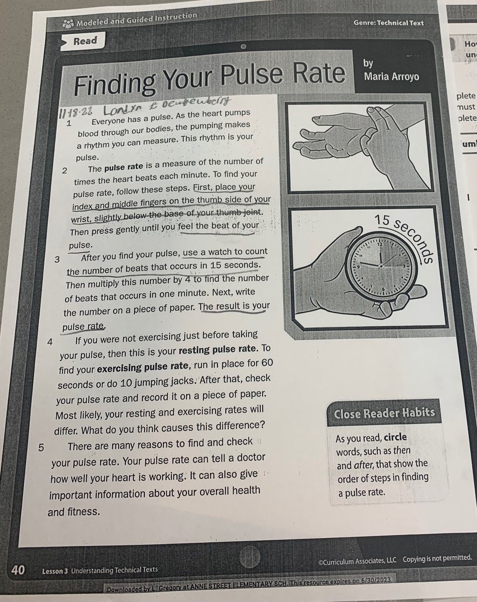 MrsBuffinGSCS's tweet photo. In our small group, we’re working on Technical Text vs Scientific Text. We read the passage, “Finding Your Pulse Rate.” We also used the steps from the passage to find our own pulse rate. #4thGrade #ELA #TechnicalText @AnneStreetES https://t.co/Lj5mG5d0Y0