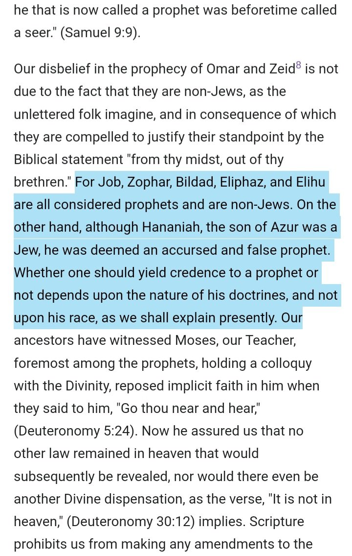 'Job, Zophar, Bildad, Eliphaz, and Elihu are all considered prophets and are non-Jews. On the other hand, although Hananiah, was a Jew, he was a false prophet. Whether one should yield credence to a prophet or not depends upon the nature of his doctrines, and not upon his race.'