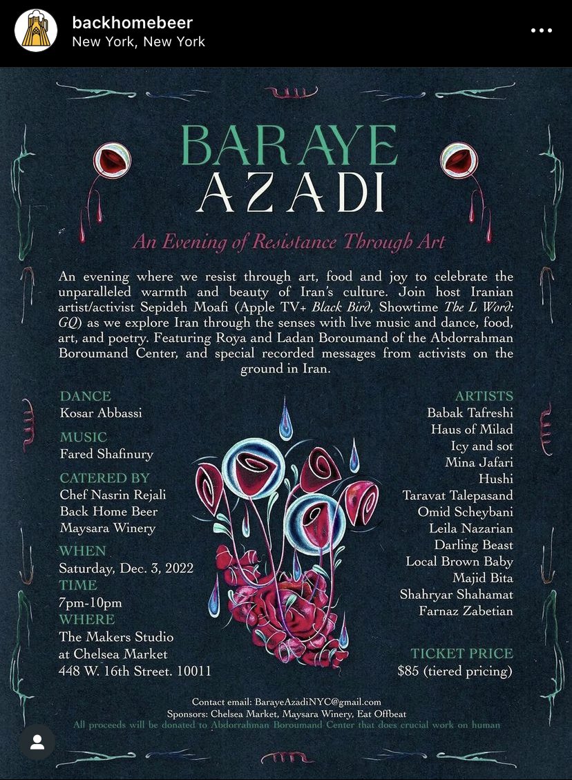 Incredibly thrilled to be included in such a beautiful night. An exploration of Iranian food, drink, music, dance &amp; poetry.

Tickets in IG bio. 

ALL proceeds are donated to Abdorrahman Boroumand Center, an organization that does human rights work in Iran. 

Woman. Life. Freedom.