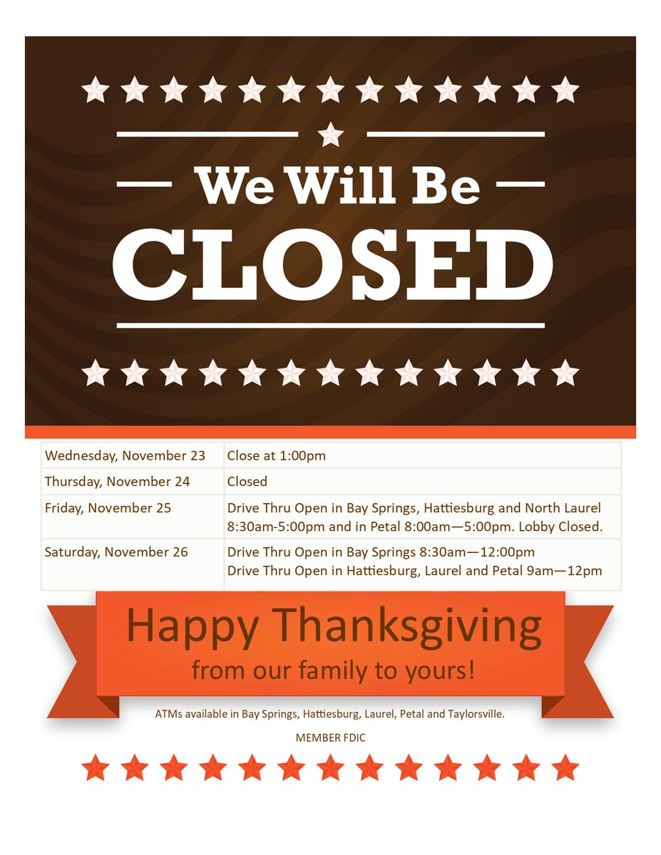 BankMagnolia's tweet photo. 🦃 Thanksgiving Closing Schedule 🦃 https://t.co/5sfit1jtwS