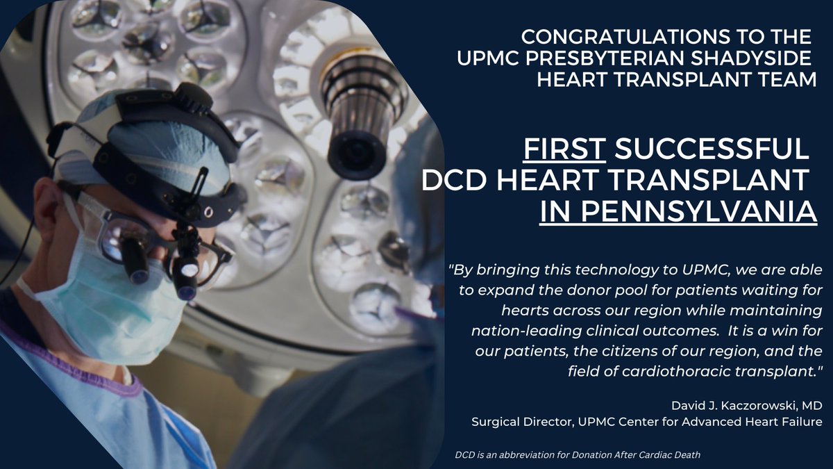 HviUpmc's tweet photo. Congratulations to Dr. David J. Kaczorowski and the Heart Transplant team!  Proud to announce @UPMC as the first center in PA to successfully perform a #DCD heart transplant! @PittCardiology @UPMC_CTSurgery @PittHealthSci @InstituteStarzl #CardioTwitter https://t.co/PdcQl47UZH