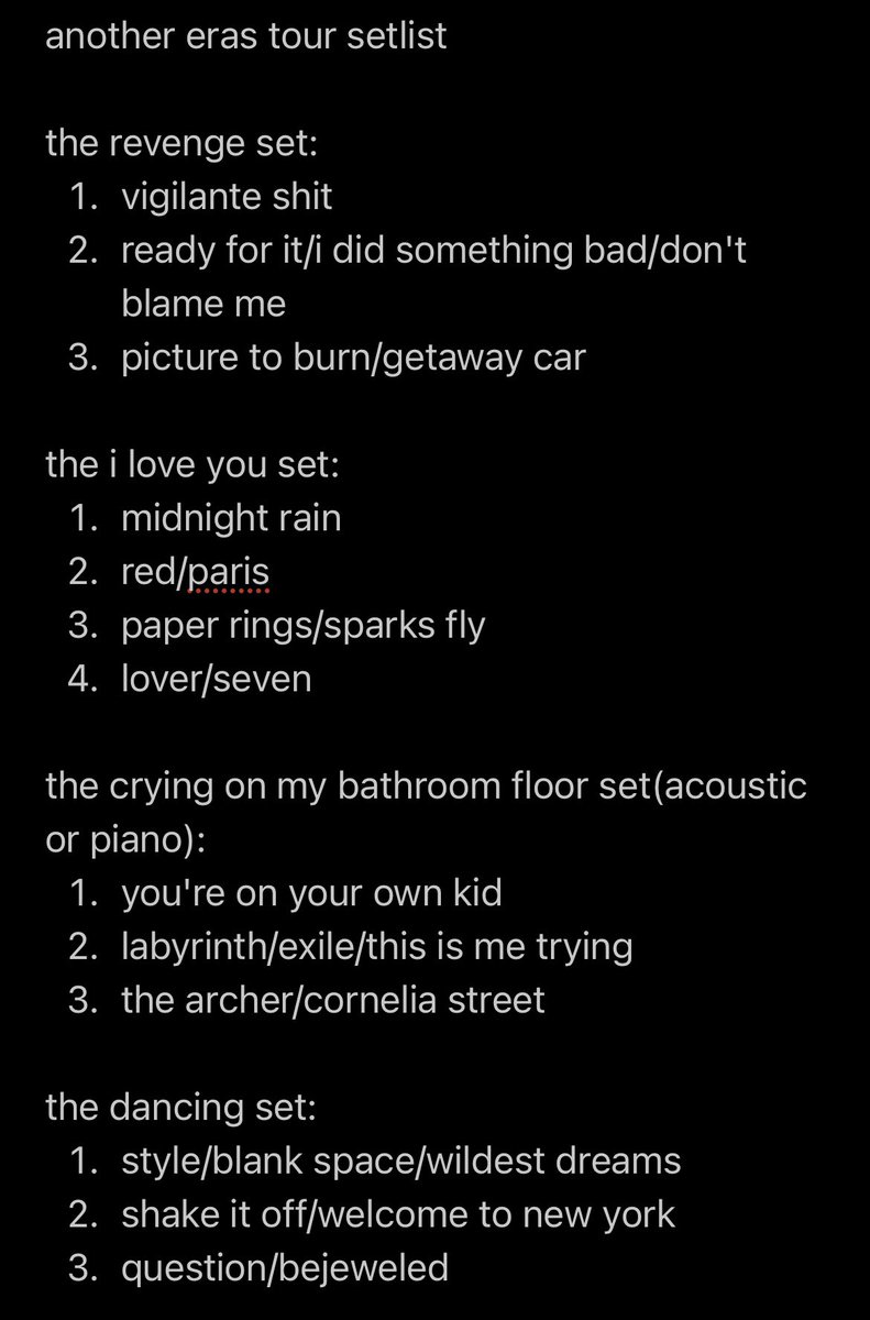 IFLRRYCOULDTALK's tweet photo. me and @Better_FireAway made another eras tour setlist while we were driving through jersey 🙏🙏 https://t.co/yvaLUHZlzY