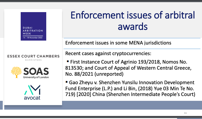 YearbookLaw's tweet photo. #DidYouKnow ! 

Cases have been filed against #cryptocurrency  recently.

Another Excerpt of the presentation Dr. Amel Makhlouf and Prof. Martin Lau presented at Dubai Arbitration Week in the #UAE.

#Crypto #cryptomarket #law #MiddleEast #cryptocurrency #Greece #China https://t.co/SYBfJAlQbX