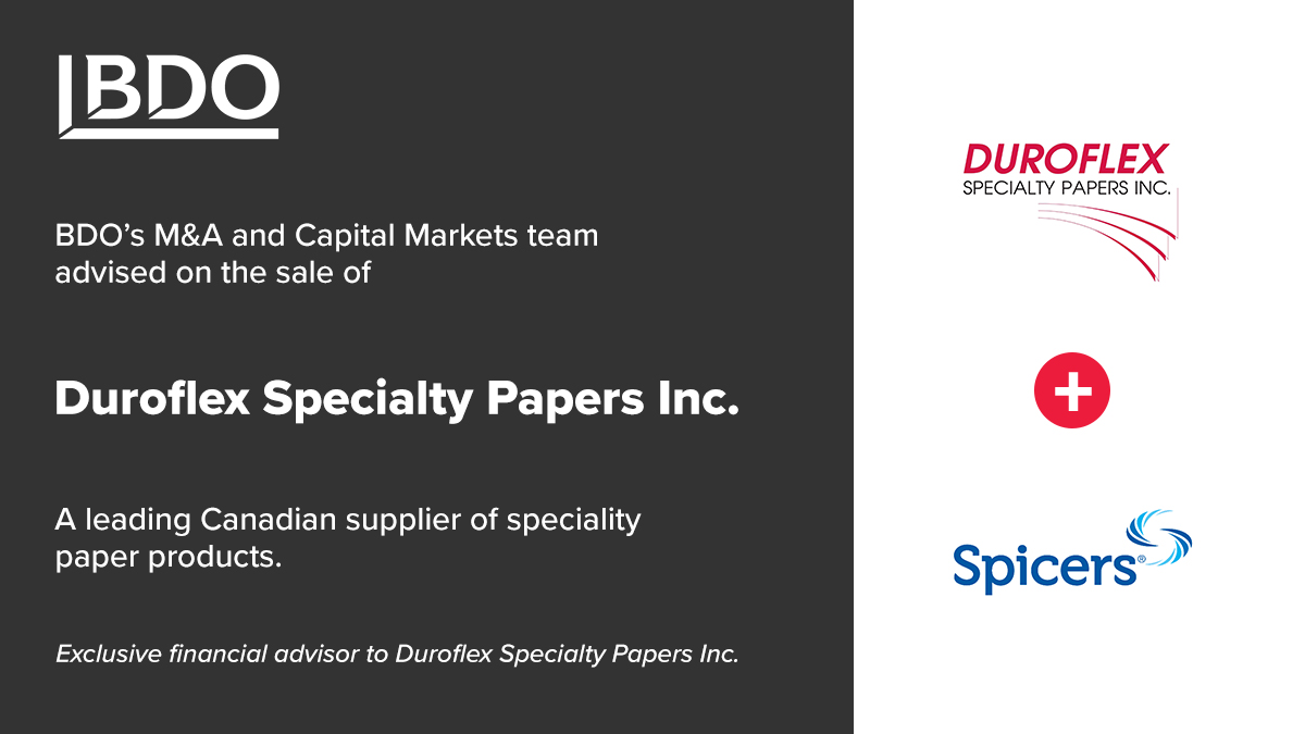 BDO is pleased to announce the successful sale of Duroflex Specialty Papers to Spicers Canada. Our M&A and Capital Markets team advised Duroflex throughout the sale process. Learn more: direc.to/i3KC #BDOdeals