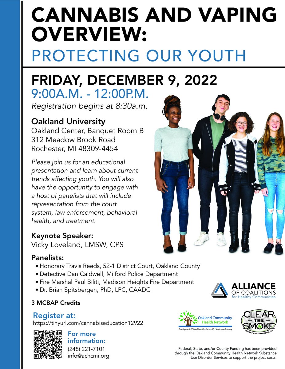 Join us for a LIVE Presentation &amp; learn about current trends affecting our youth! 
Topics include Cannabis and Vaping. 🚭

🔺 WHEN? Friday, December 9th, 2022 from 9AM - 12PM
🔺 WHERE? Oakland University

Register here 👉 bit.ly/3tFCJYm or in person!

#LACC #TeenVaping
