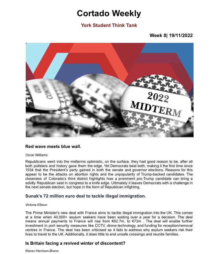 Is that another issue of Cortardo I see? 👀 

Take a read on Sunak’s immigration deal with France, Possibilities of the U.K. rejoining the EU, news from the G20 summit and more…

🔗Link in bio

#politics #g20 #brexit #biden #conservatives #labour #polsoc #uniofyork #midterms