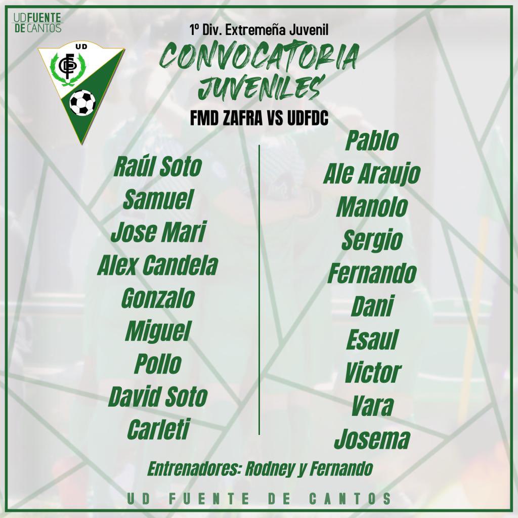UDFDC's tweet photo. #convocatoriajuveniludfdc

Estos son los jugadores que hoy viaja a #zafra. 

¡Vamos chicos! A volver a l senda de la victoria 🥇 

#SomosUnion💚 
#VamosCanteraVerde https://t.co/F2B7LGcG9V