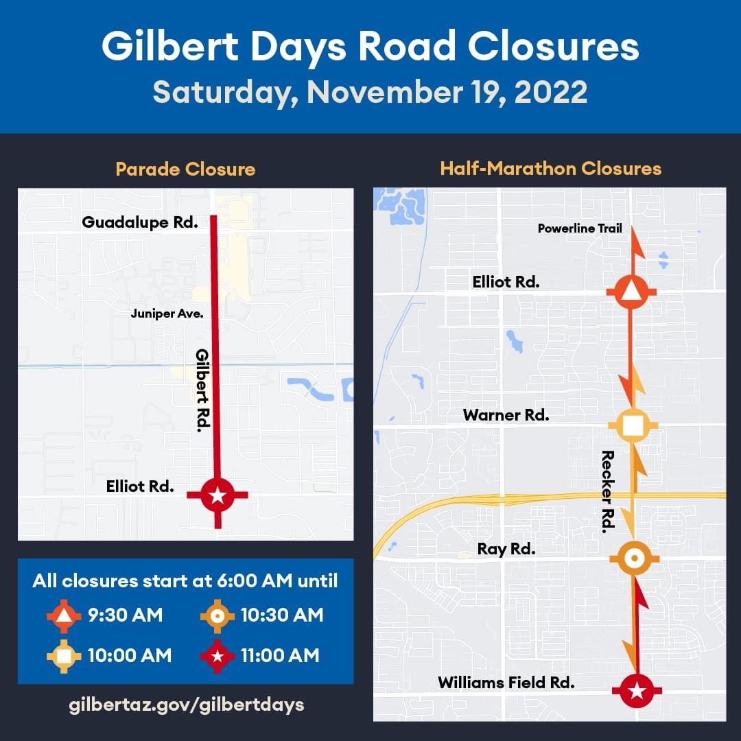 GilbertYourTown's tweet photo. TRAFFIC ALERT 🚗 🚧 : Multiple road closures are in place throughout #GilbertAZ until 11 AM for the Gilbert Days Parade and Gilbert Half Marathon, 10K and 5K.
Details ➡️ https://t.co/pfh7TaRkcJ
Learn more about #GilbertDays events ➡️ https://t.co/mJxFeIYGhU https://t.co/Rd1BrcA9NS