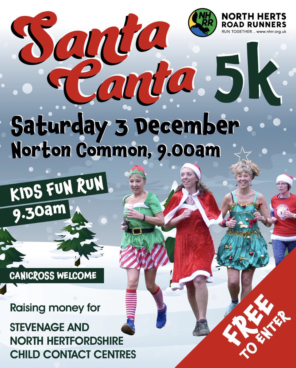 Our Santa Canta is in just 2 weeks time! Get your fancy dress ready to run a festive 5k. Children’s fun run will also take place at 9:30. Fun for all the family 🧑‍🎄🎅🤶☃️🎄⭐️👼

#santacanta #northhertsroadrunners #NHRR #TeamNHRR #notparkrun #5k