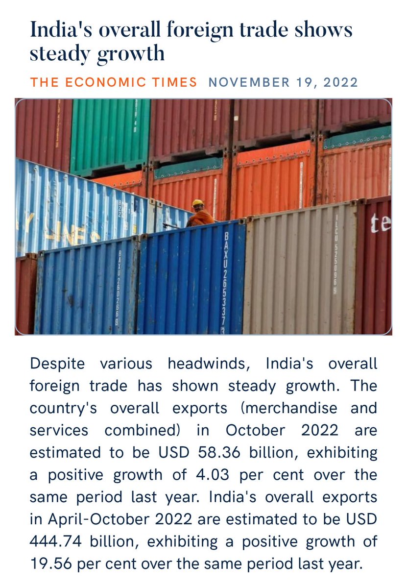 zahidpatka's tweet photo. #AtmaNirbharBharat Kudos PM @narendramodi Ji Govt #MakeInIndia #MakeForWolrd & #PLI scheme
India's overall foreign trade shows steady growth. The Country overall exports ( merchandise & services combined):are USD 58.36 billion in October 2022
https://t.co/gvTn6wG8hd
@PMOIndia https://t.co/mHRG3hQnLp