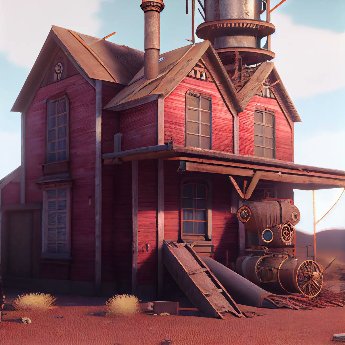 PicturesBeyond's tweet photo. *steampunk farm house*

#aiart #aiartcommunity #midjourney #stablediffusion #discord https://t.co/InjljUvtaK