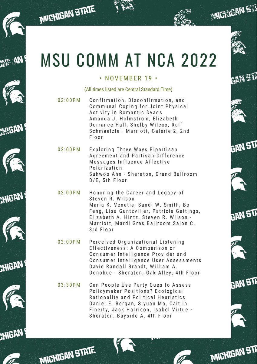 Here is the entire MSU Department of Communication schedule for November 19, the third day of NCA ‘22. We hope to see you there!