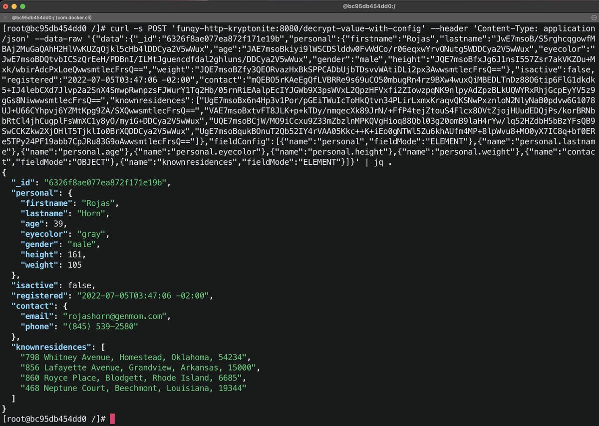 hpgrahsl's tweet image. 📢 #HttpAPI for #Kryptonite for @apachekafka starts to take shape. Screenshot shows partially encrypted JSON record being decrypted using cURL against the API. 🤩Any language/runtime will be able to use this for client-side field-level 🔒 #cryptography 🔓for #ApacheKafka