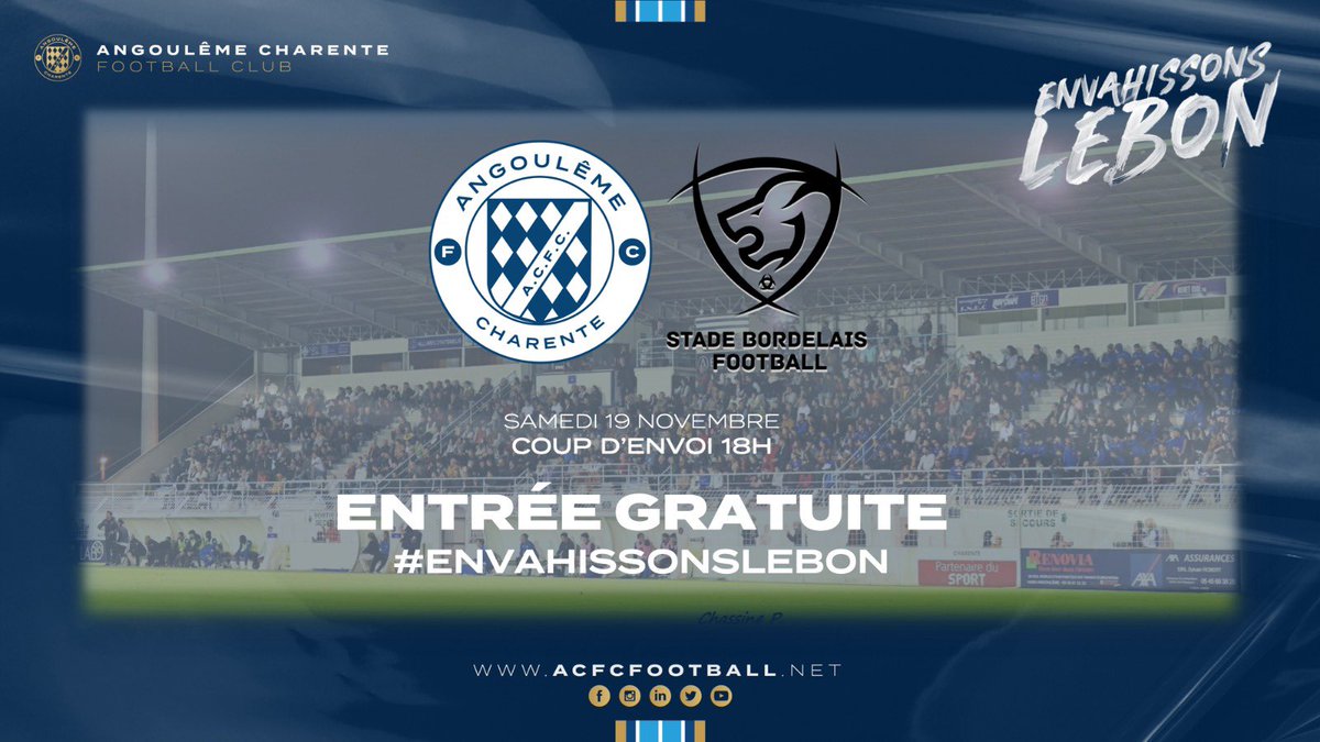 🚨Alors que nous enchaînons le 4e match d’affilé en autant de semaines à #Lebon. Nous avons le plaisir de vous annoncer que ce soir l’entrée sera gratuite pour la réception du StadeBordelais ! ACFC 🆚Stade Bordelais ⏱coup d’envoi 18h 💸ENTRÉE GRATUIT#National2 #ACFC 🔵⚪️